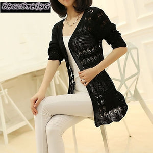 Fashion Knitted Cardigan Loose Pocket Hollow Long Sleeve