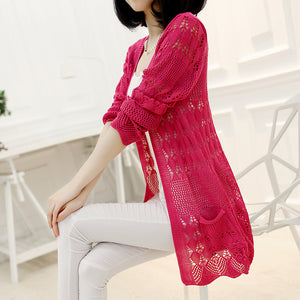 Fashion Knitted Cardigan Loose Pocket Hollow Long Sleeve