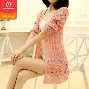 Fashion Knitted Cardigan Loose Pocket Hollow Long Sleeve