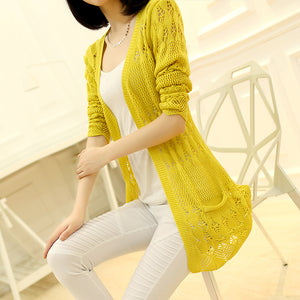 Fashion Knitted Cardigan Loose Pocket Hollow Long Sleeve