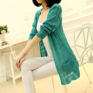 Fashion Knitted Cardigan Loose Pocket Hollow Long Sleeve