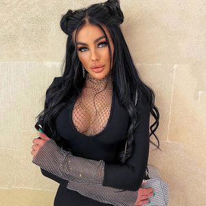 Sexy Fishnet Diamond Black Bandage Dress Long Sleeve