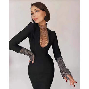 Sexy Fishnet Diamond Black Bandage Dress Long Sleeve