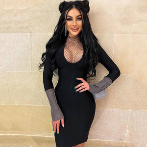 Sexy Fishnet Diamond Black Bandage Dress Long Sleeve