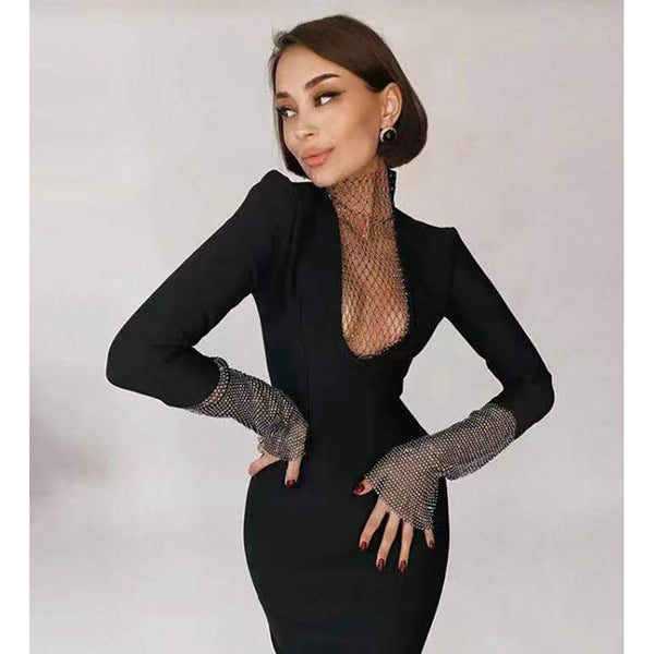 Sexy Fishnet Diamond Black Bandage Dress Long Sleeve