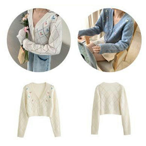 Sweater Small Flower Embroidery Knitted Cardigan