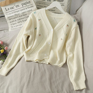 Sweater Small Flower Embroidery Knitted Cardigan