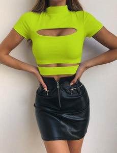 Crop Top Solid Black Green Tops Hollow Out