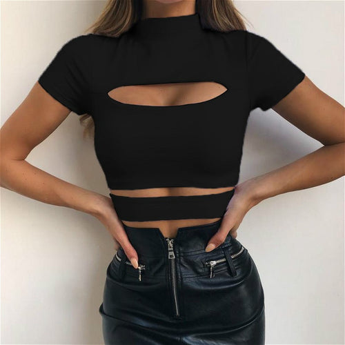 Crop Top Solid Black Green Tops Hollow Out