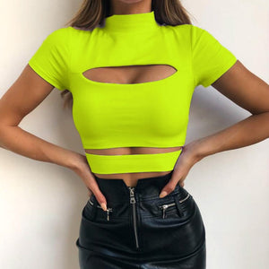 Crop Top Solid Black Green Tops Hollow Out