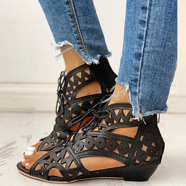 Gladiator Sandals Summer Retro Wedge Lace Up Mesh