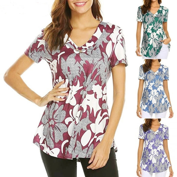 2XL Plus Size Women Tunic Shirt Autumn Short Sleeve Floral Print