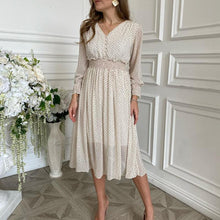 Load image into Gallery viewer, Casual flare sleeve dress women Elegant V-neck Polka Dot print sash
