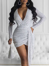 Load image into Gallery viewer, Silver sequins sexy pleated bodycon short Women