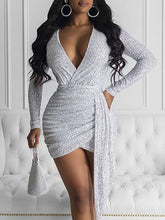 Load image into Gallery viewer, Silver sequins sexy pleated bodycon short Women