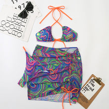 Load image into Gallery viewer, 3 Pieces Bikini Set With Skirt Tie Dye String Thong Bathing Suit Women