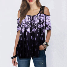 Load image into Gallery viewer, Cold Shoulder Printed Lace Patchwork Blouse Tops Short Sleeve