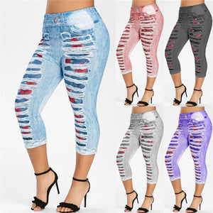 3D Print Fake Jeans Leggings Women Plus Size High Waist Imitation