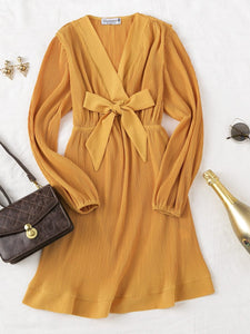 Elegant deep v neck a-line dress Women belt long