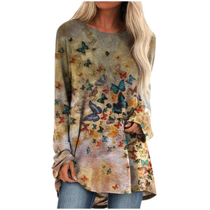 3xl Plus Size Butterfly Printing Blouse Fashion O neck Long Sleeve