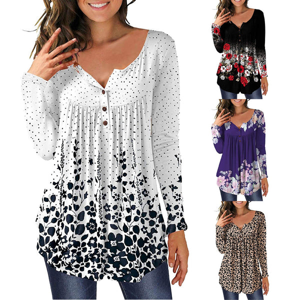 3xl Plus Size Floral Printed Tunic Shirts Fashion Round Neck Women