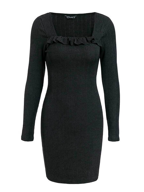 Ruffles square neck knitting sweater dress women