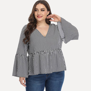 Stripe Blouse Women Autumn V Neck Long Sleeve