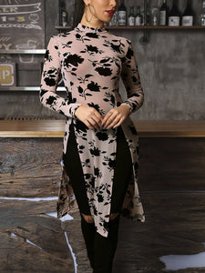 Knitted floral print elegant dress Women o neck