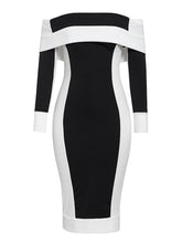 Load image into Gallery viewer, Knitted off shoulder color blocking bodycon dress