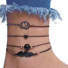 Load image into Gallery viewer, 4pcs New Black Feather Lotus Anklets For Women Fashion Heart Charm