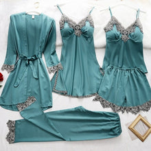 Load image into Gallery viewer, 5PC Silk Robe Sleep Suit Womens Lace Satin Pajamas Gown Set V Neck