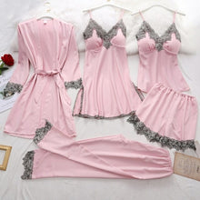 Load image into Gallery viewer, 5PC Silk Robe Sleep Suit Womens Lace Satin Pajamas Gown Set V Neck