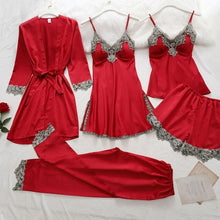 Load image into Gallery viewer, 5PC Silk Robe Sleep Suit Womens Lace Satin Pajamas Gown Set V Neck