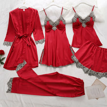 Load image into Gallery viewer, 5PC Silk Robe Sleep Suit Womens Lace Satin Pajamas Gown Set V Neck