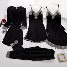 Load image into Gallery viewer, 5PC Silk Robe Sleep Suit Womens Lace Satin Pajamas Gown Set V Neck