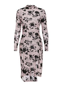 Knitted floral print elegant dress Women o neck