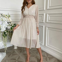 Load image into Gallery viewer, Casual flare sleeve dress women Elegant V-neck Polka Dot print sash