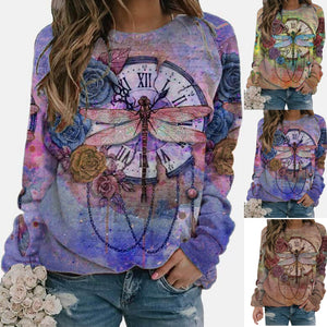 5xl Plus Size Butterfly Printing Blouses Women Round Neck Long Sleeves