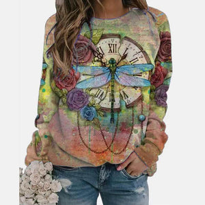 5xl Plus Size Butterfly Printing Blouses Women Round Neck Long Sleeves