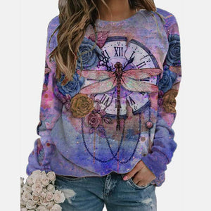 5xl Plus Size Butterfly Printing Blouses Women Round Neck Long Sleeves