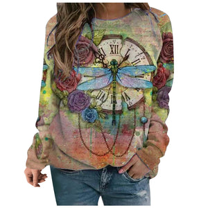 5xl Plus Size Butterfly Printing Blouses Women Round Neck Long Sleeves