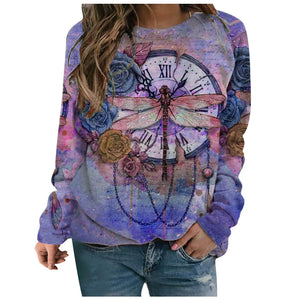 5xl Plus Size Butterfly Printing Blouses Women Round Neck Long Sleeves