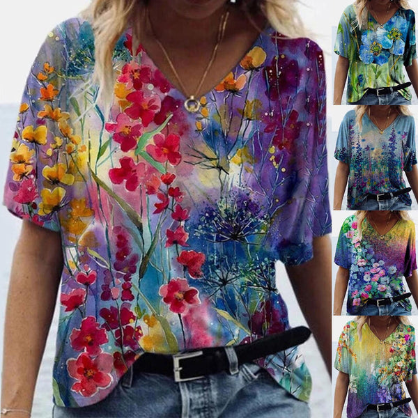 5xl Plus Size Floral Blouses Women Printing Short Sleeve Shirts V neck