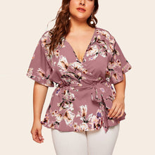 Load image into Gallery viewer, 5xl Plus Size Floral V neck Shirt Women's Casual Short Sleeve Tunic