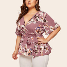 Load image into Gallery viewer, 5xl Plus Size Floral V neck Shirt Women's Casual Short Sleeve Tunic