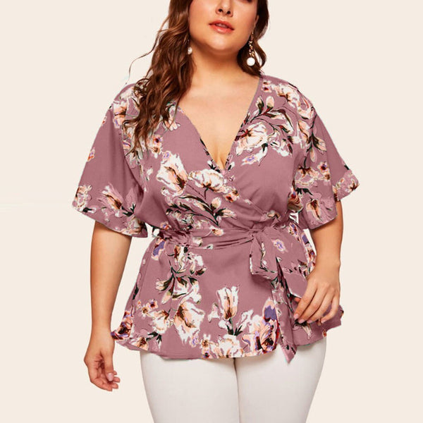 5xl Plus Size Floral V neck Shirt Women's Casual Short Sleeve Tunic