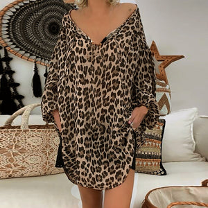 5xl Plus Size Leopard Women's Tunic Print Long Sleeve V neck Blouse