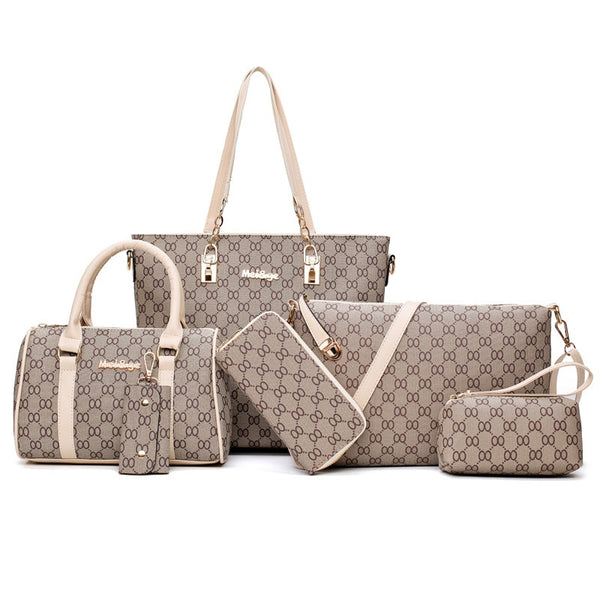 6PCS Women Tote Set Fashion PU Leather Ladies Handbag Print Messenger