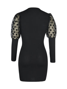 Black dot mesh patchwork knitted dress Women puff