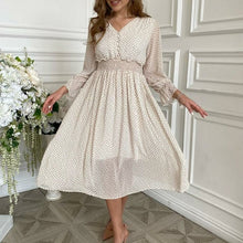 Load image into Gallery viewer, Casual flare sleeve dress women Elegant V-neck Polka Dot print sash